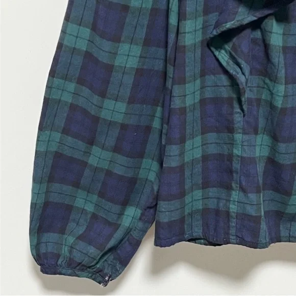 J. Crew Blackwatch Trendy Green Blue Flannel ruffled plaid squareneck ruffle top - Picture 8 of 11